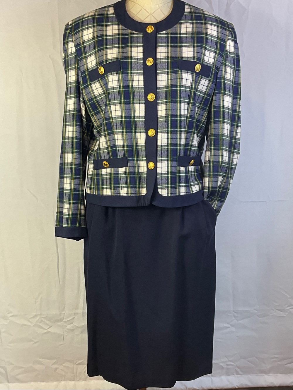 Vintage JH Collectibles Plaid Button Up Jacket and Navy Pencil Skirt Set Size 10